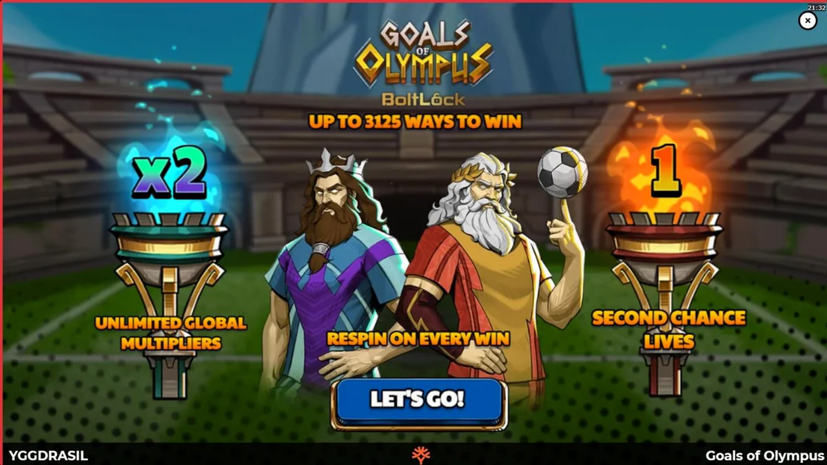 Interface do jogo Goals of Olympus BoltLock com Zeus e elementos de futebol